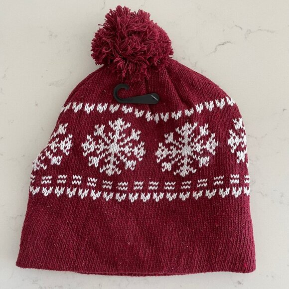 Juncture Outdoor Fleece Lined Knit Hat w Pom Pom Winter Theme Red + Wht OS NWT - Picture 2 of 7